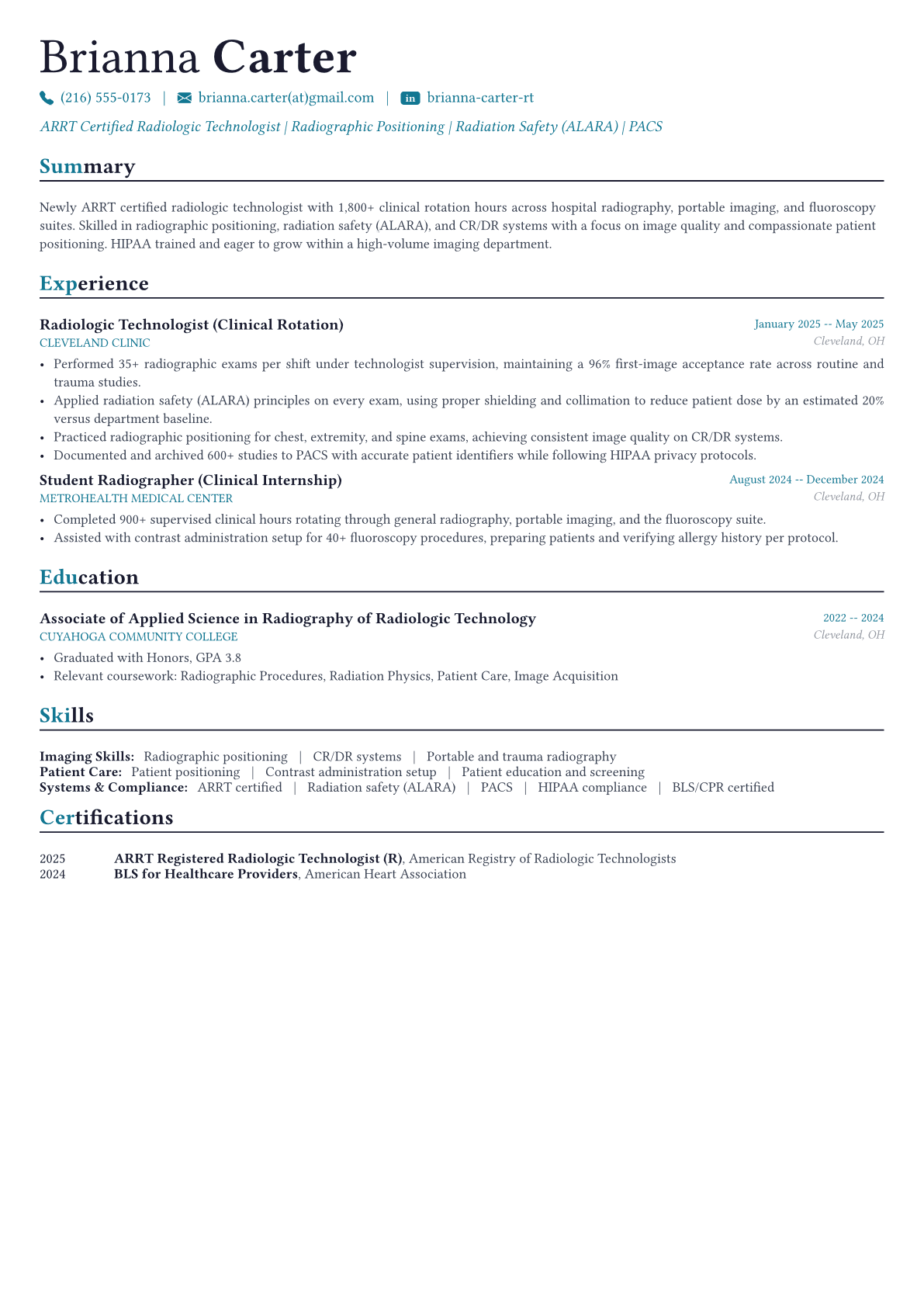 Radiologic Technologist resume example