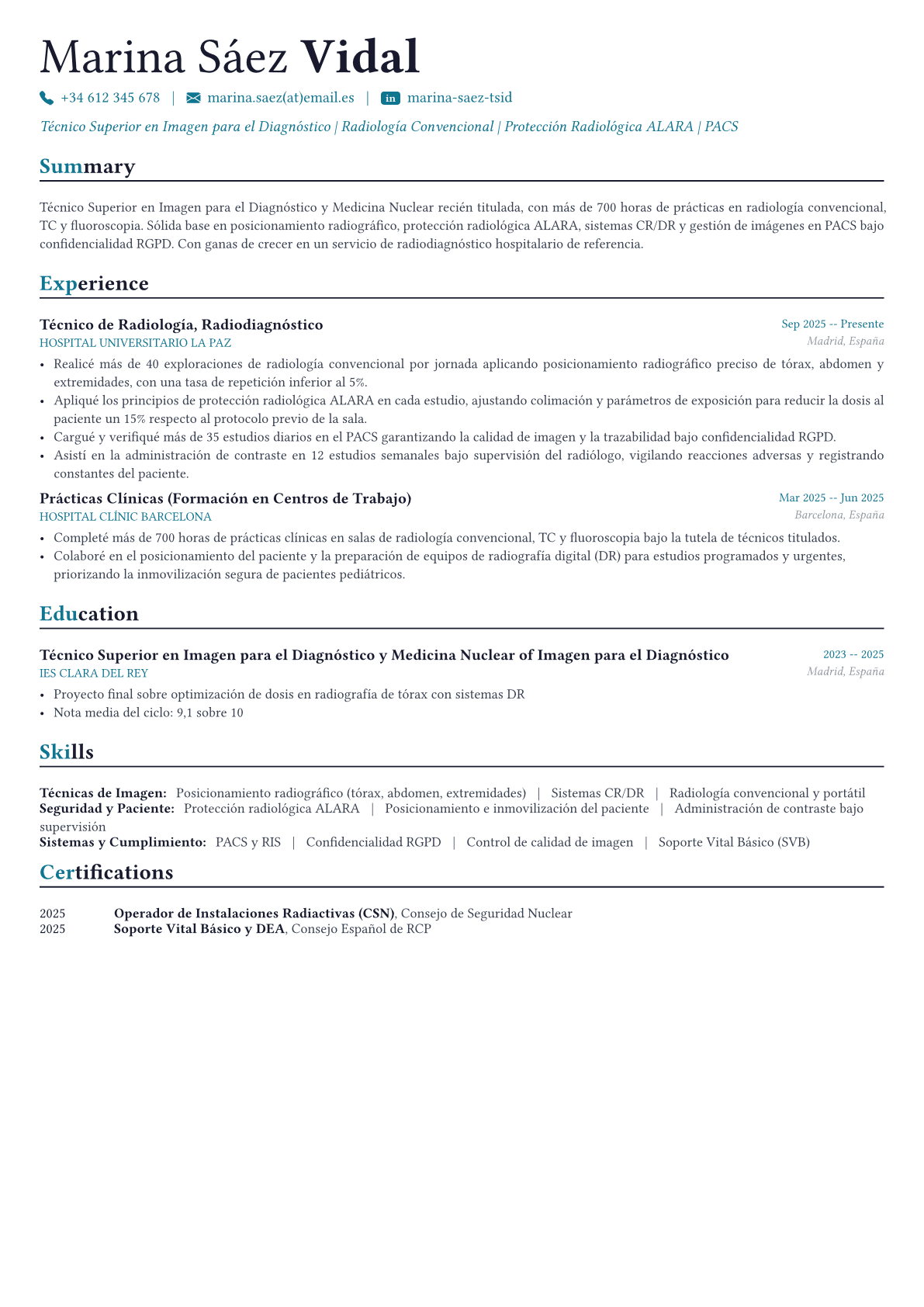 Radiologic Technologist ejemplo de CV