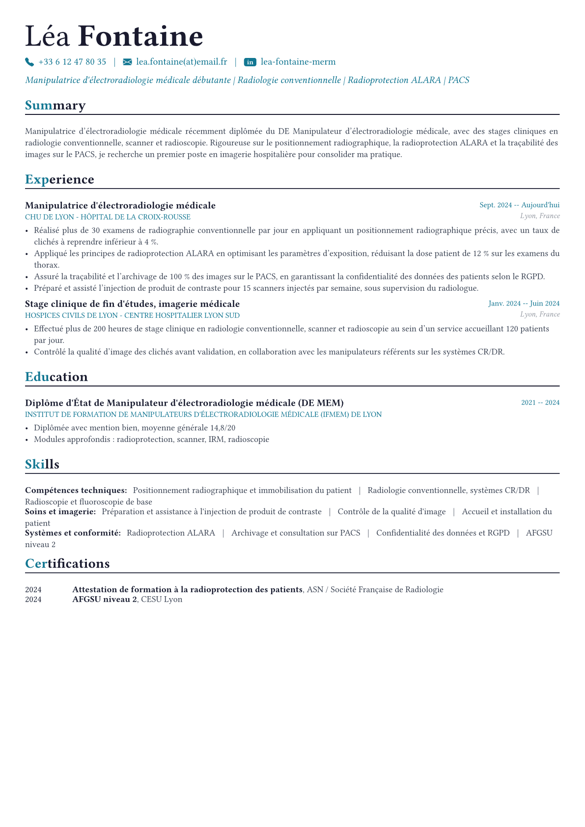 Radiologic Technologist exemple de CV