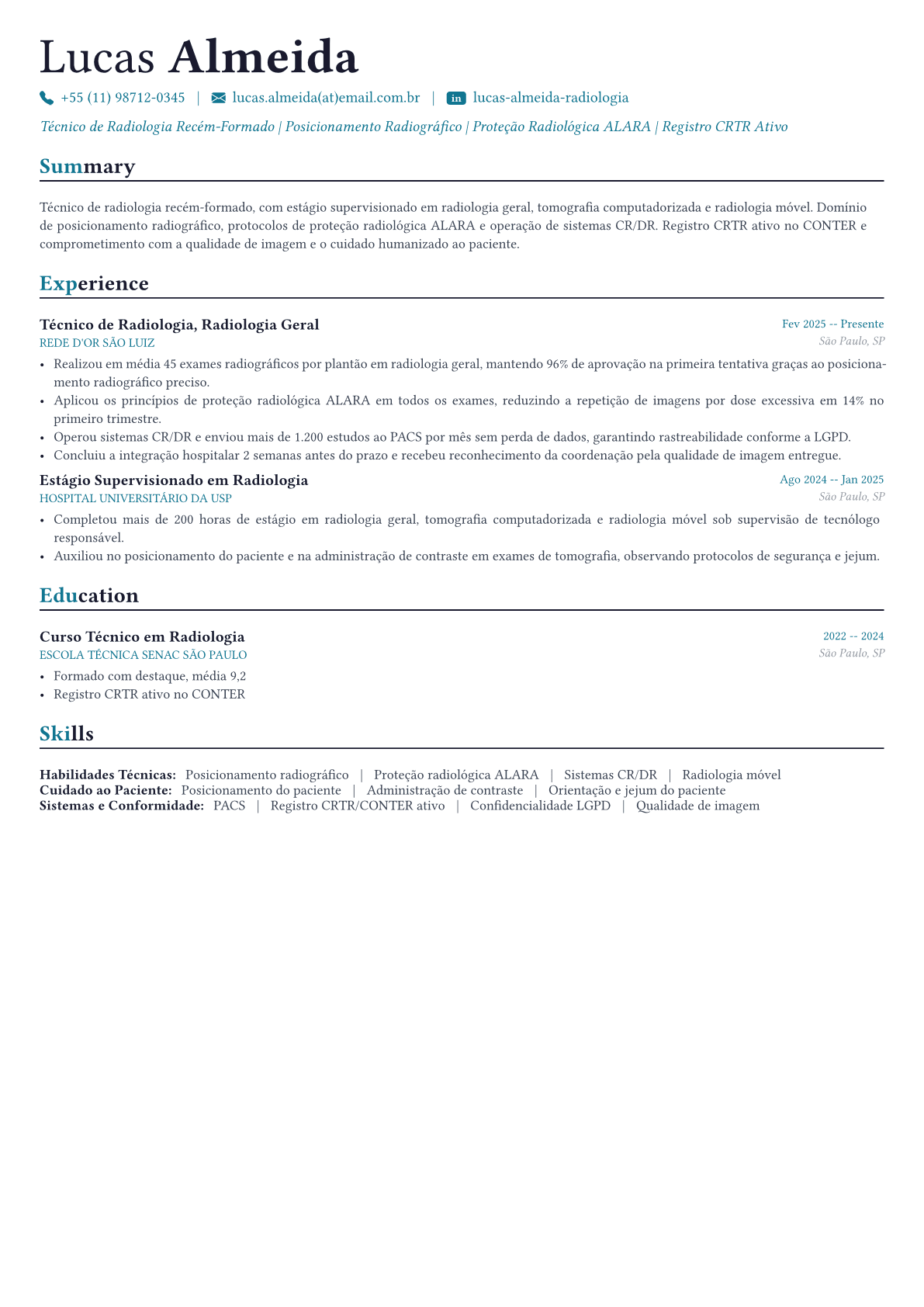 Radiologic Technologist exemplo de currículo