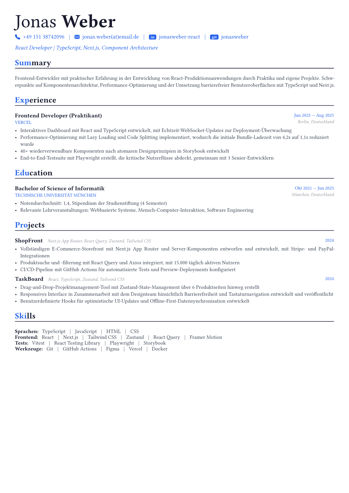 React Developer Lebenslauf-Beispiel