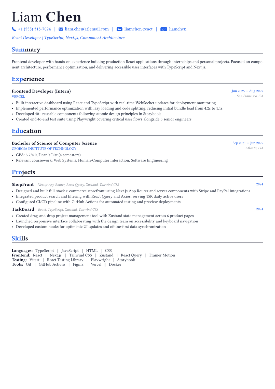 React Developer resume example