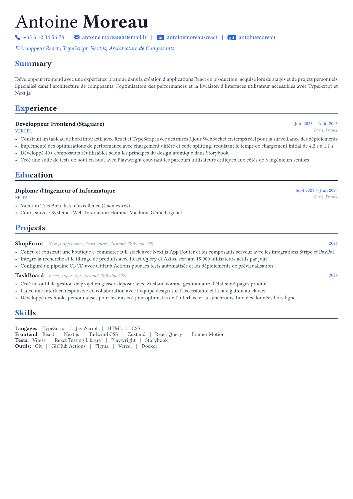 React Developer exemple de CV