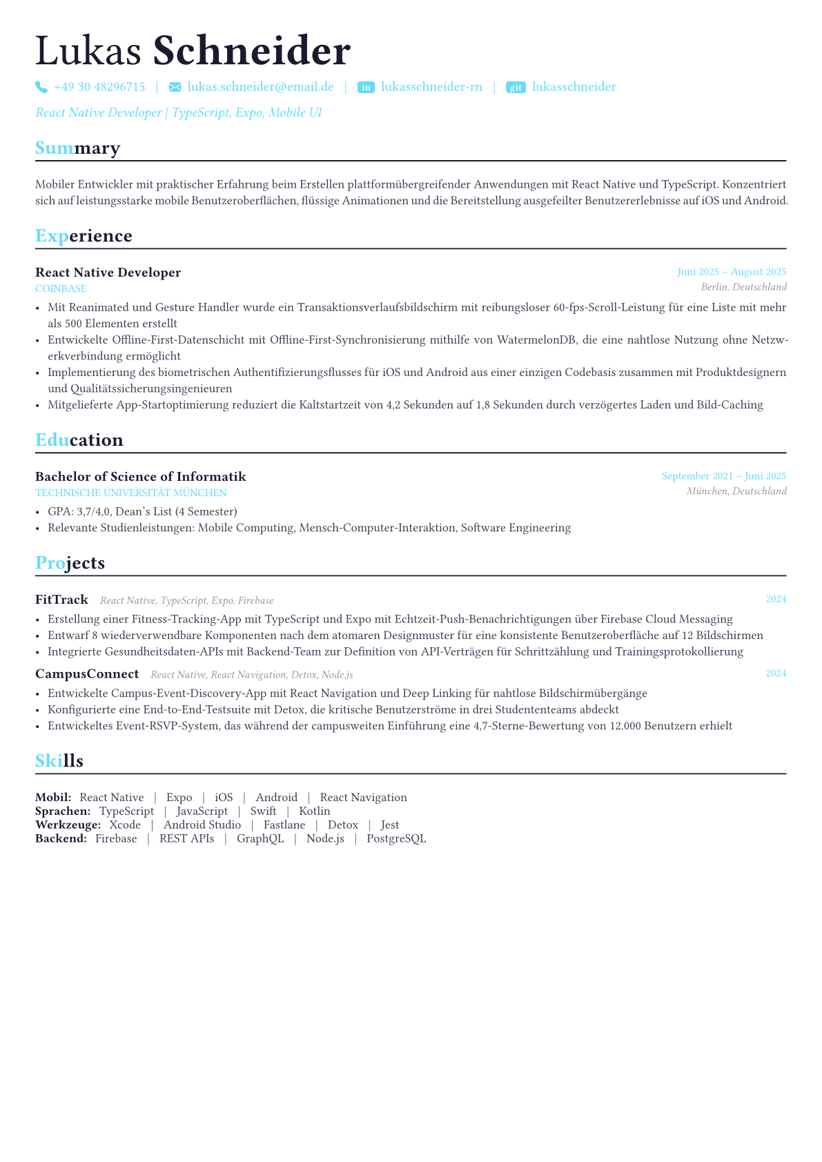 React Native Developer Lebenslauf-Beispiel