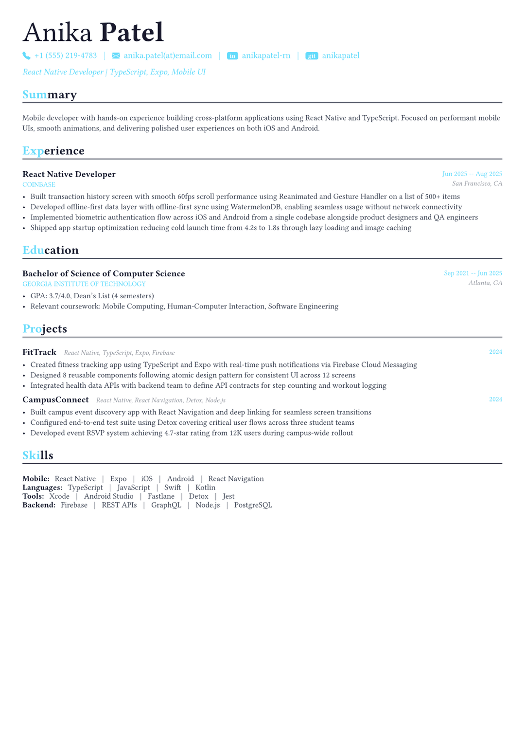 React Native Developer resume example