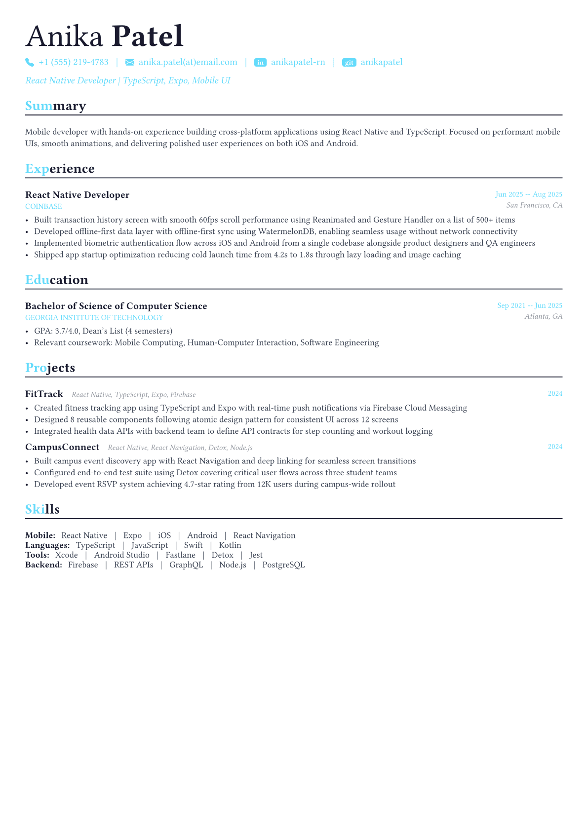React Native Developer resume example