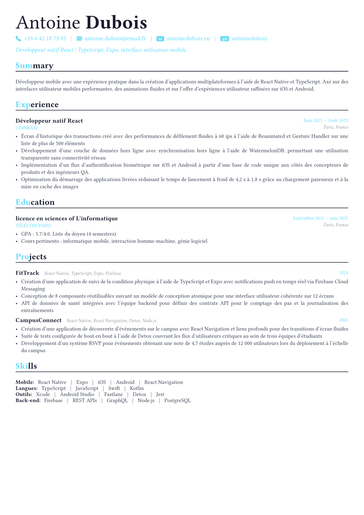 React Native Developer exemple de CV