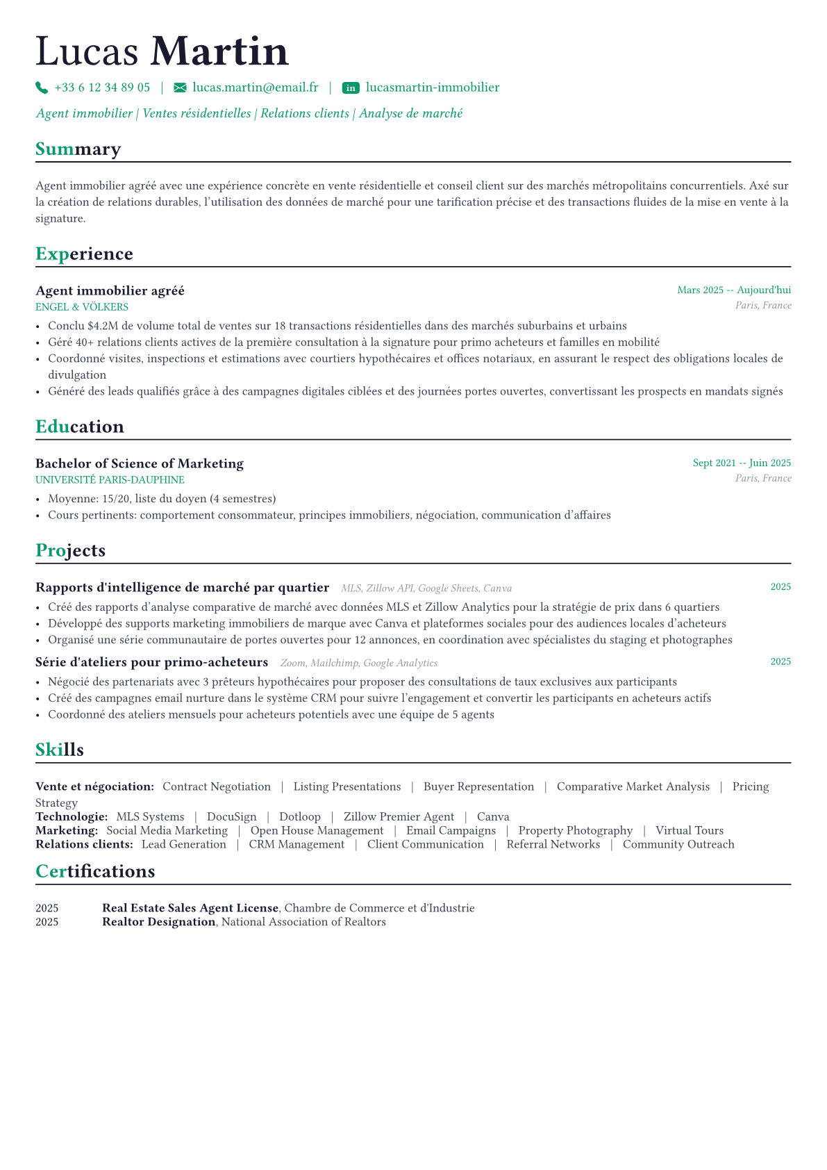 Real Estate Agent exemple de CV