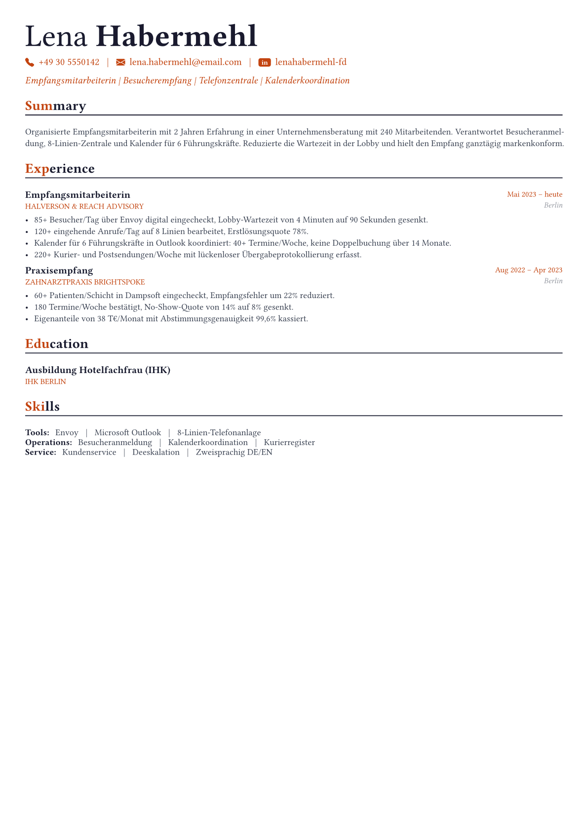 Receptionist Lebenslauf-Beispiel