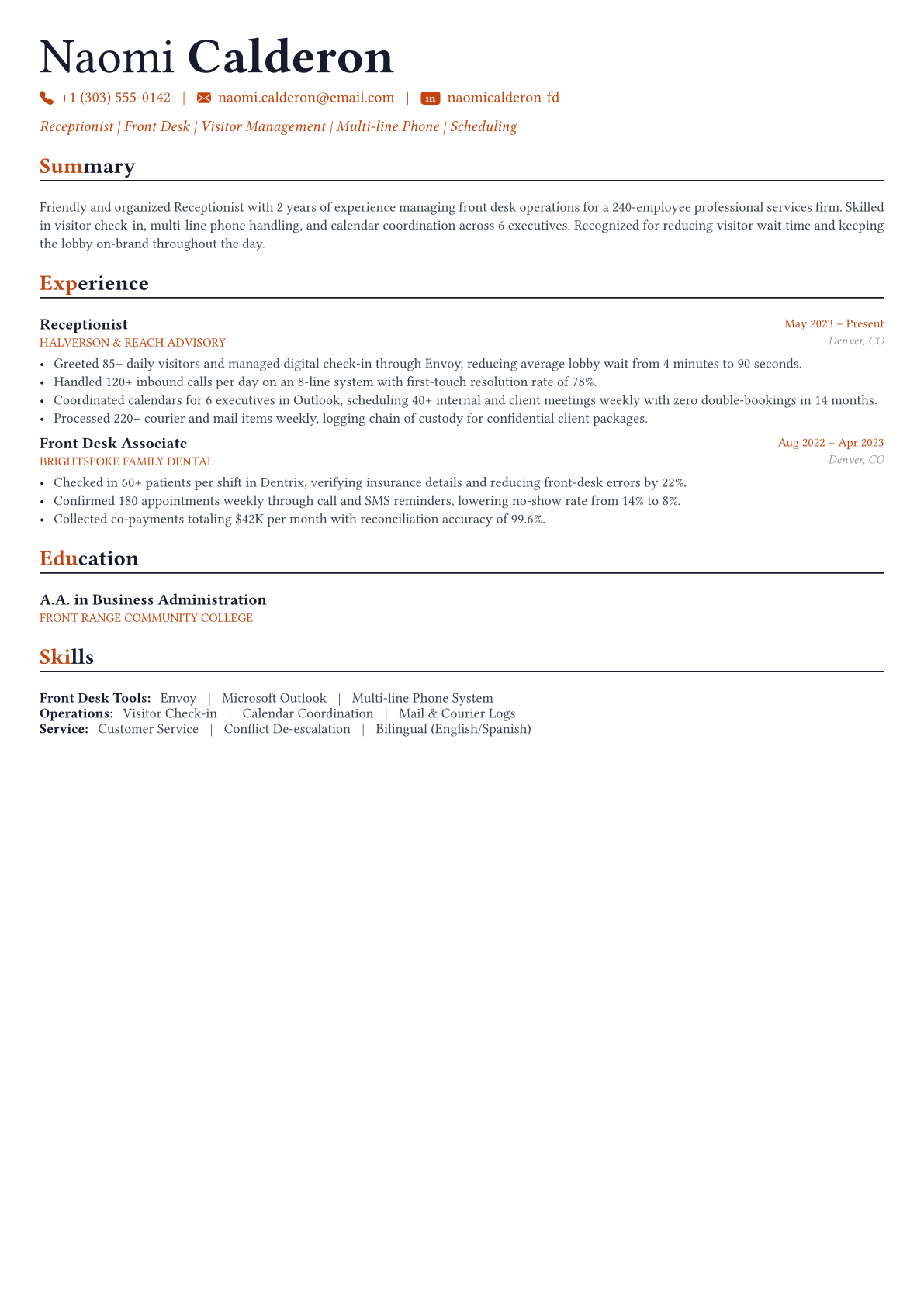Receptionist resume example