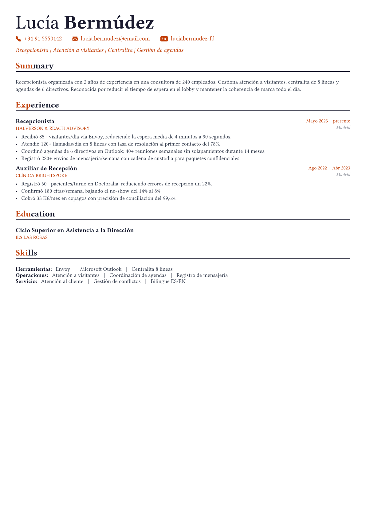 Receptionist ejemplo de CV