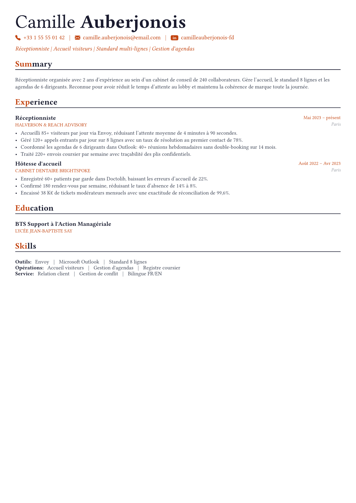 Receptionist exemple de CV