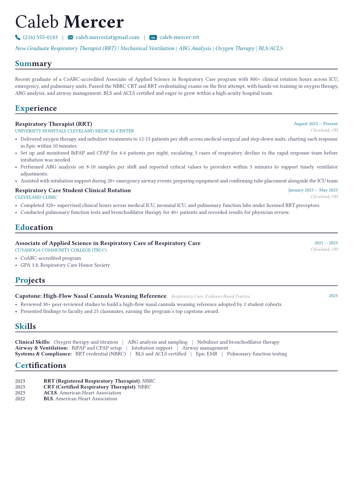 Respiratory Therapist resume example
