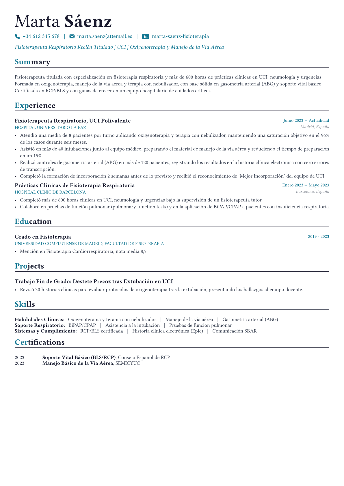Terapeuta respiratorio ejemplo de CV