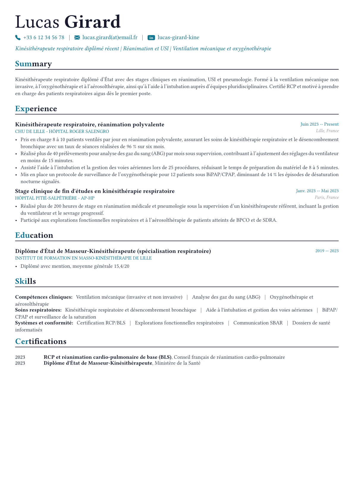 Thérapeute respiratoire exemple de CV