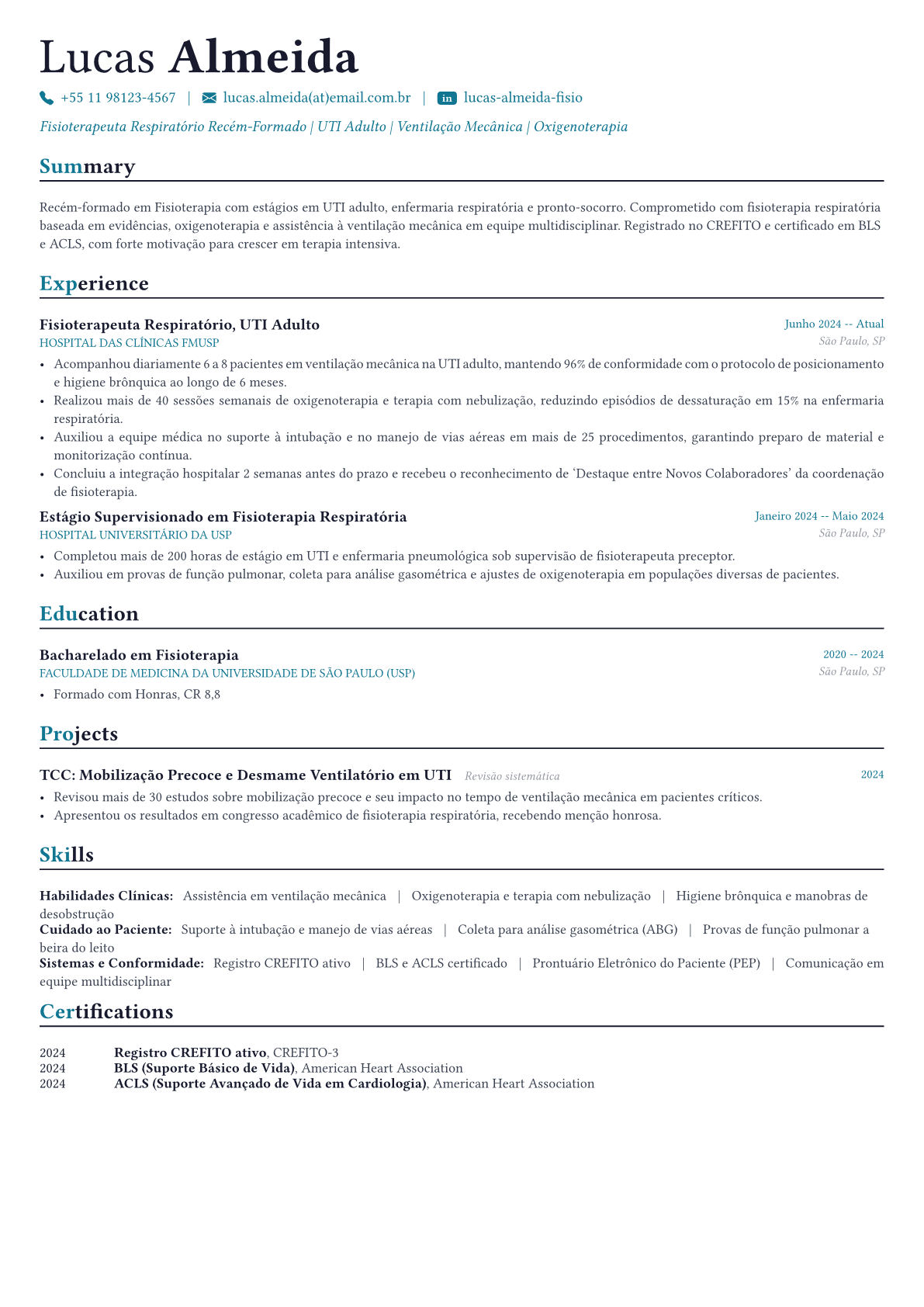 Fisioterapeuta respiratório exemplo de currículo