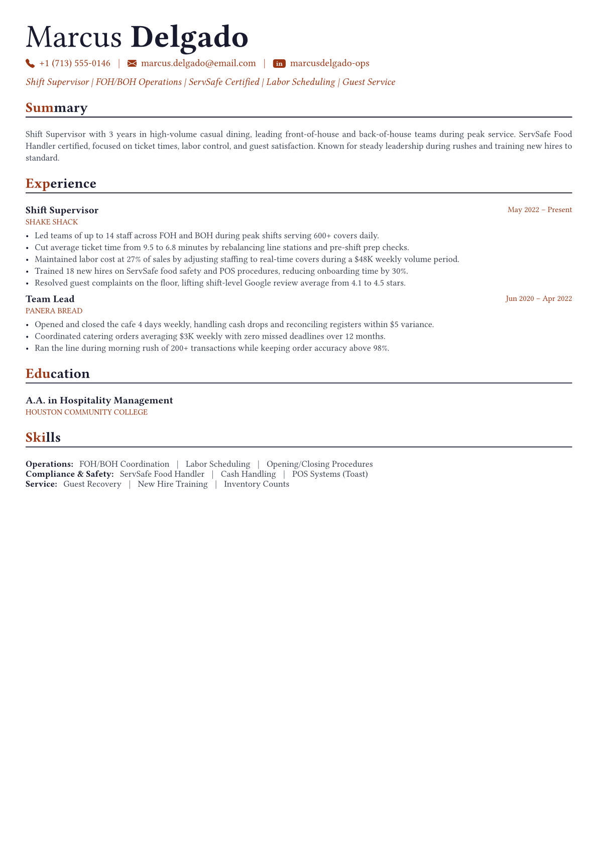 Restaurant Manager resume example