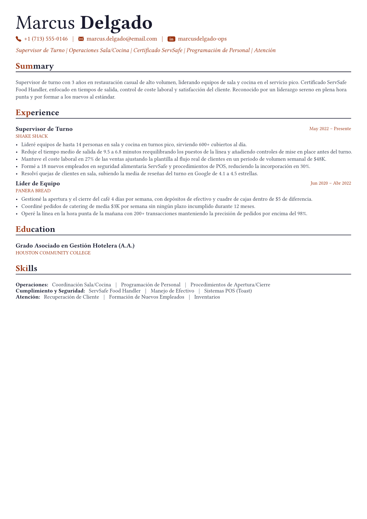 Restaurant Manager ejemplo de CV