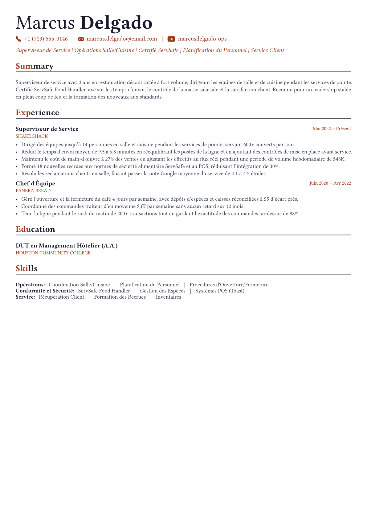 Restaurant Manager exemple de CV