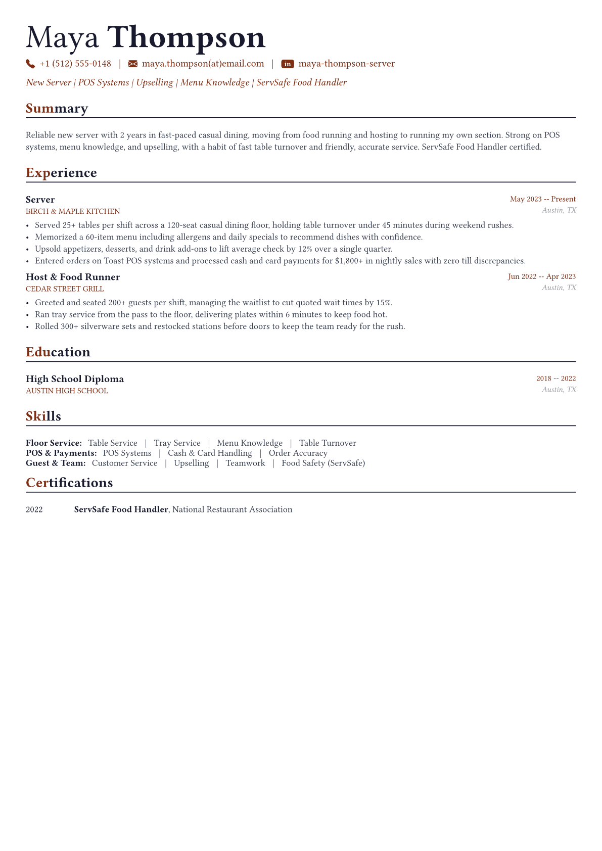 Restaurant Server resume example