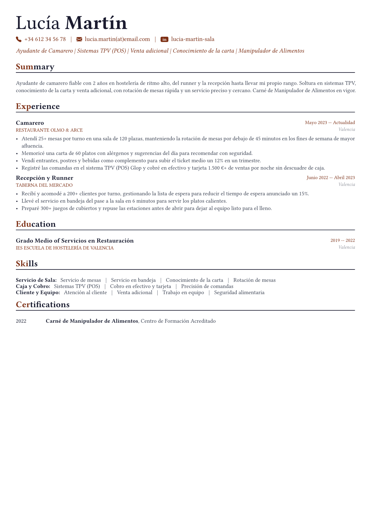 Camarero ejemplo de CV