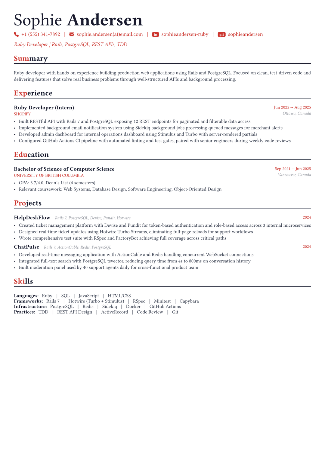 Ruby Developer resume example