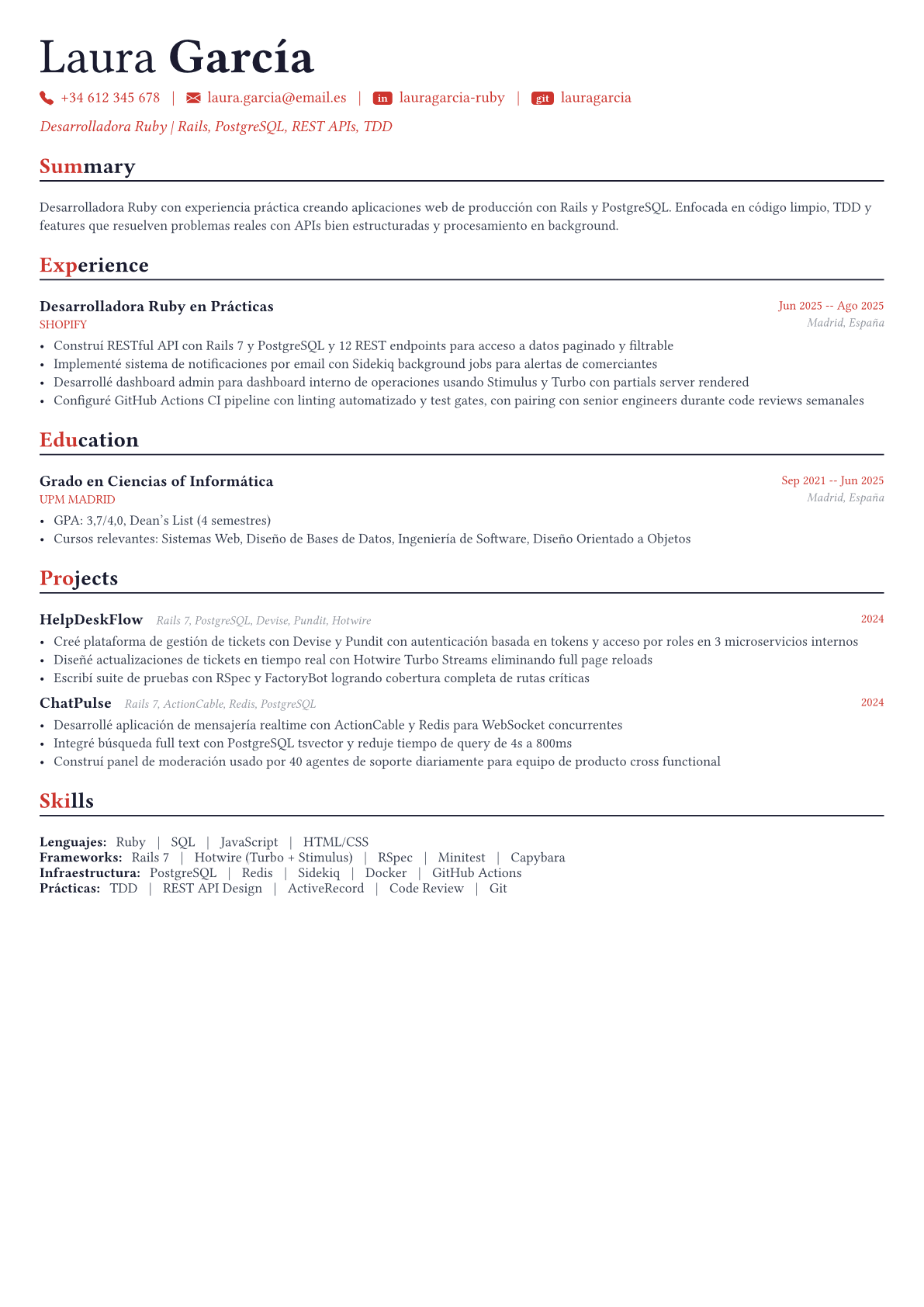 Ruby Developer ejemplo de CV