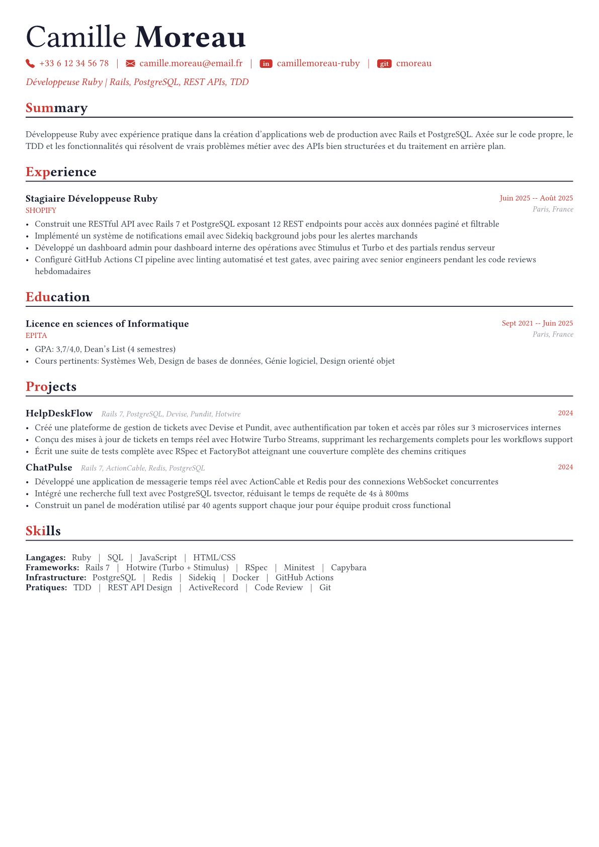 Ruby Developer exemple de CV
