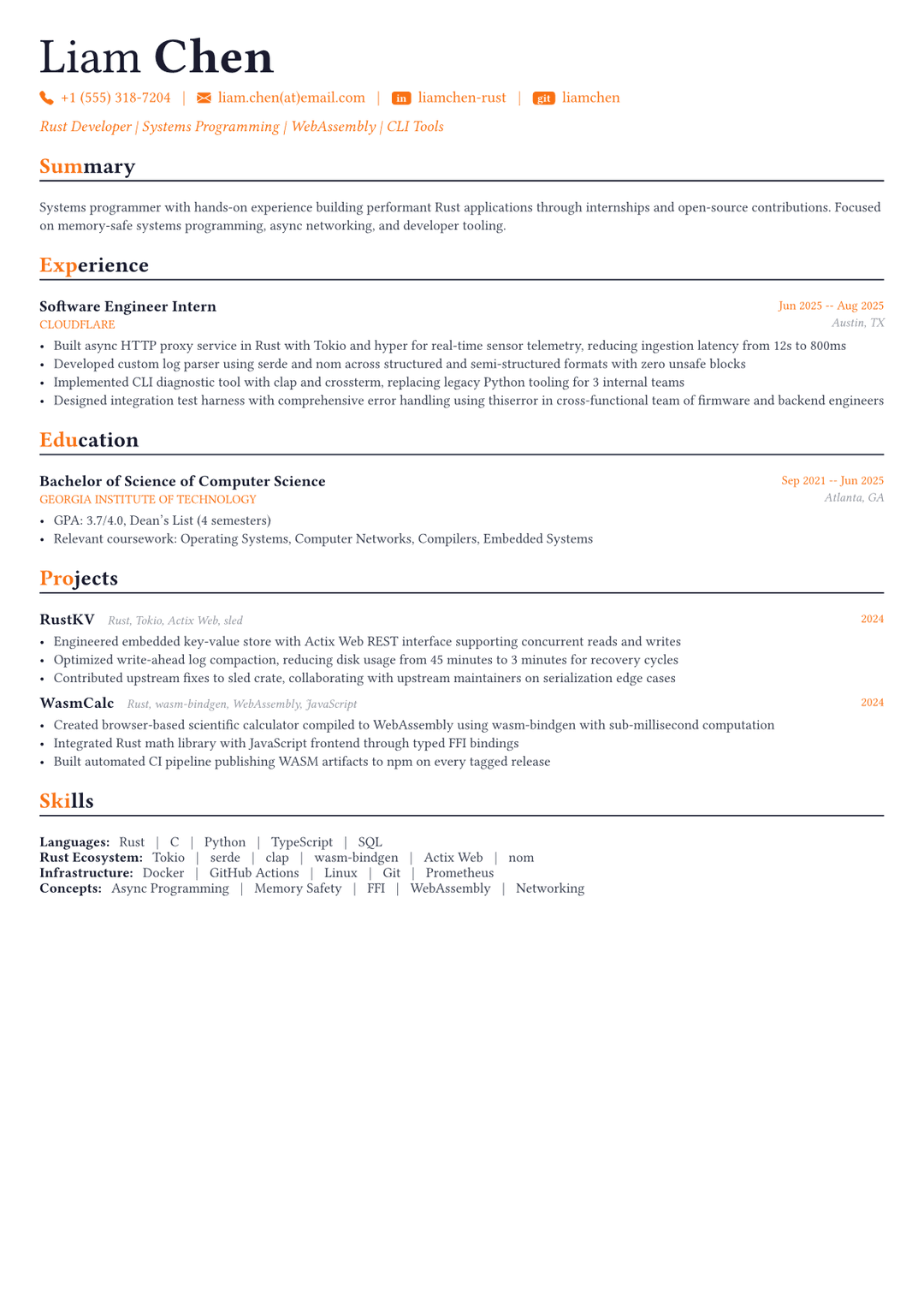 Rust Developer resume example