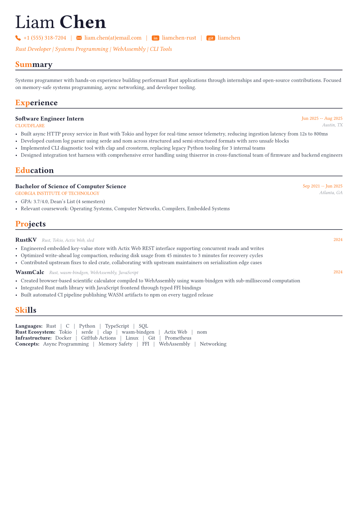 Rust Developer resume example