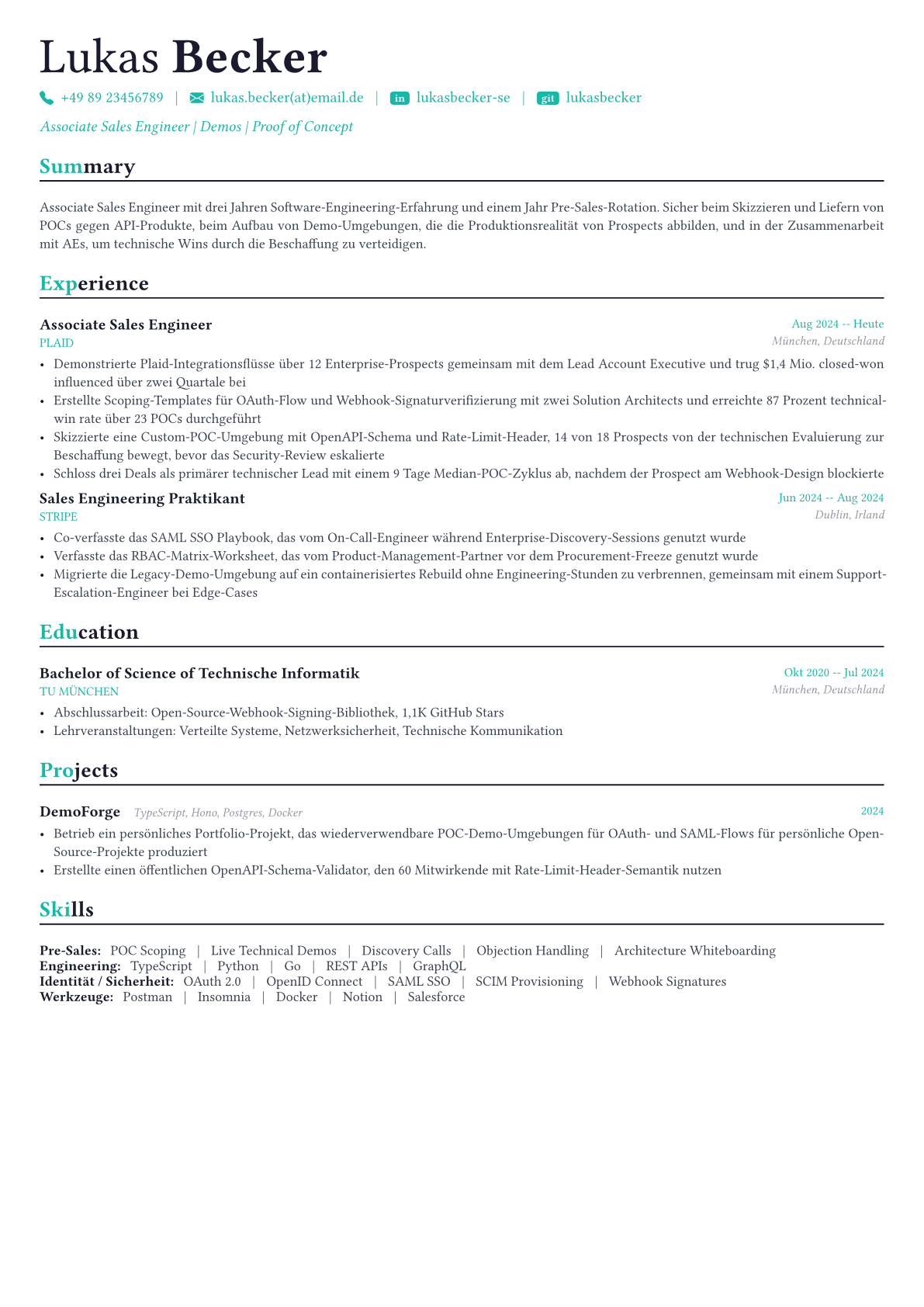 Sales Engineer Lebenslauf-Beispiel
