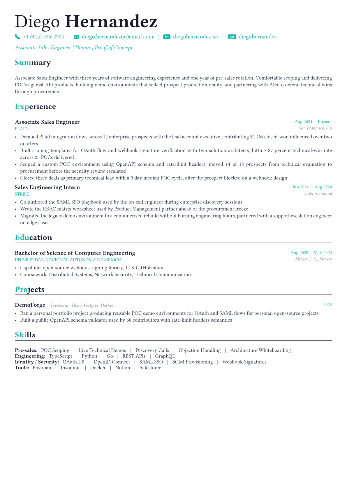 Sales Engineer resume example