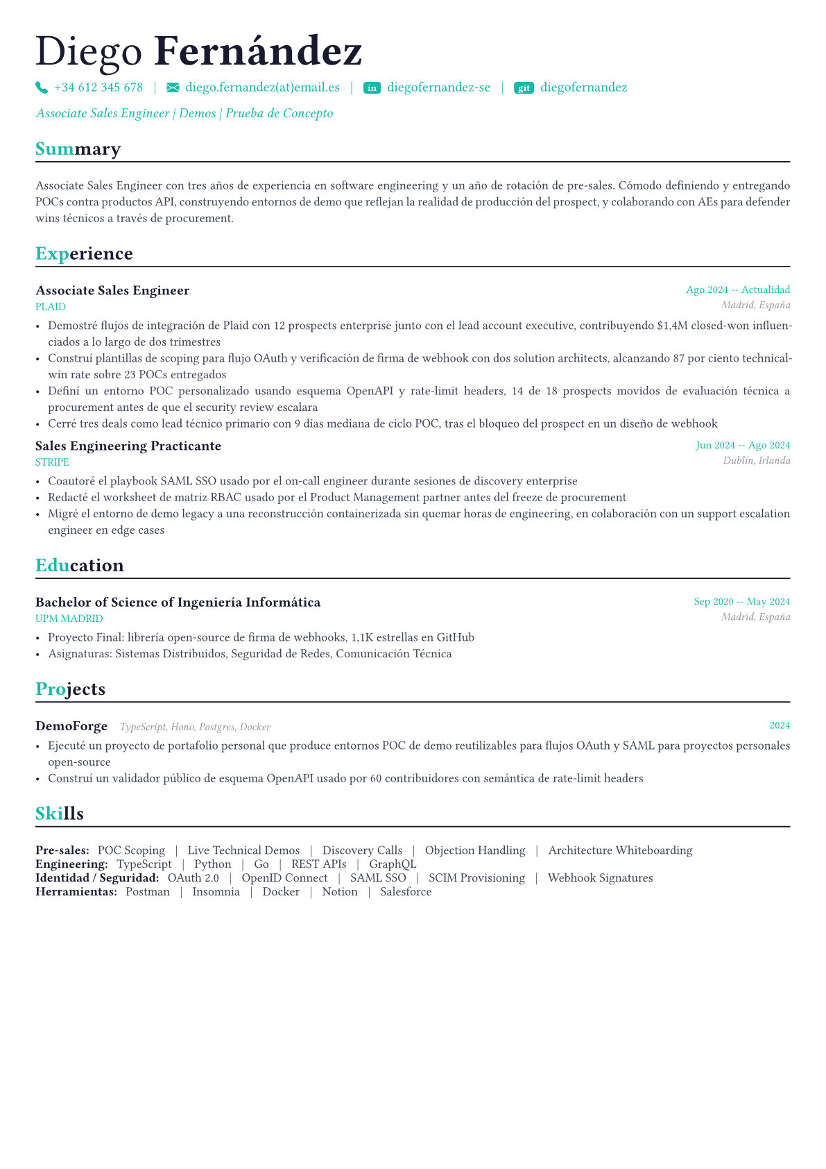 Sales Engineer ejemplo de CV