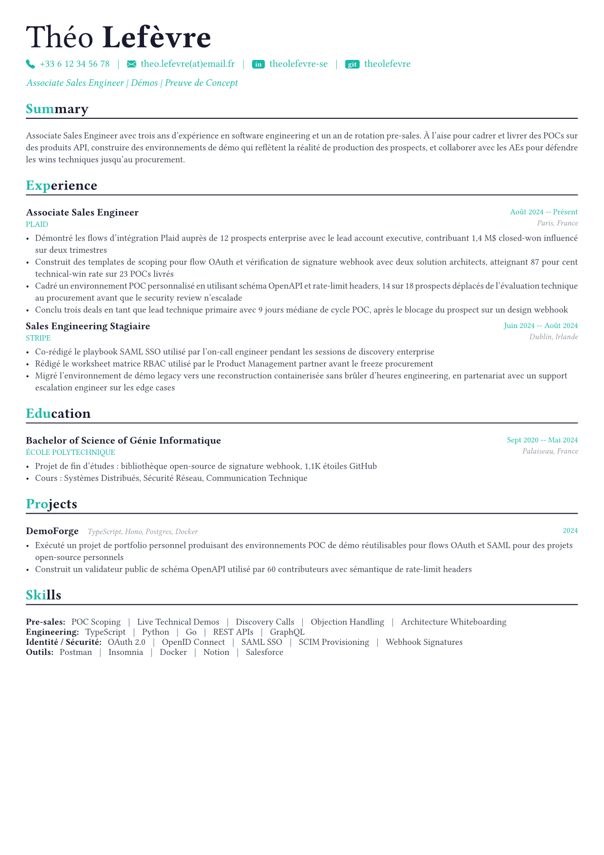 Sales Engineer exemple de CV