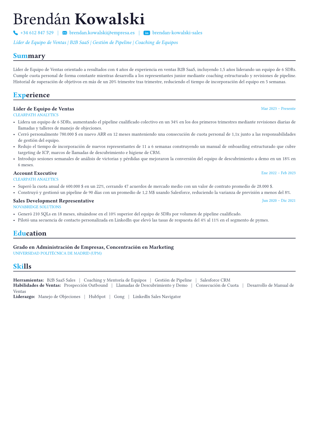 Sales Manager ejemplo de CV