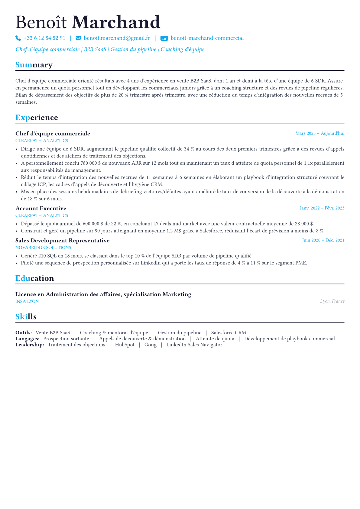 Sales Manager exemple de CV