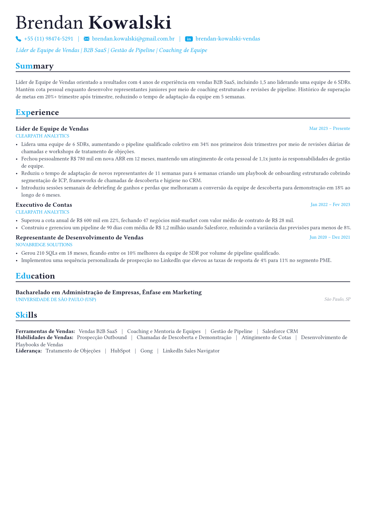 Sales Manager exemplo de currículo