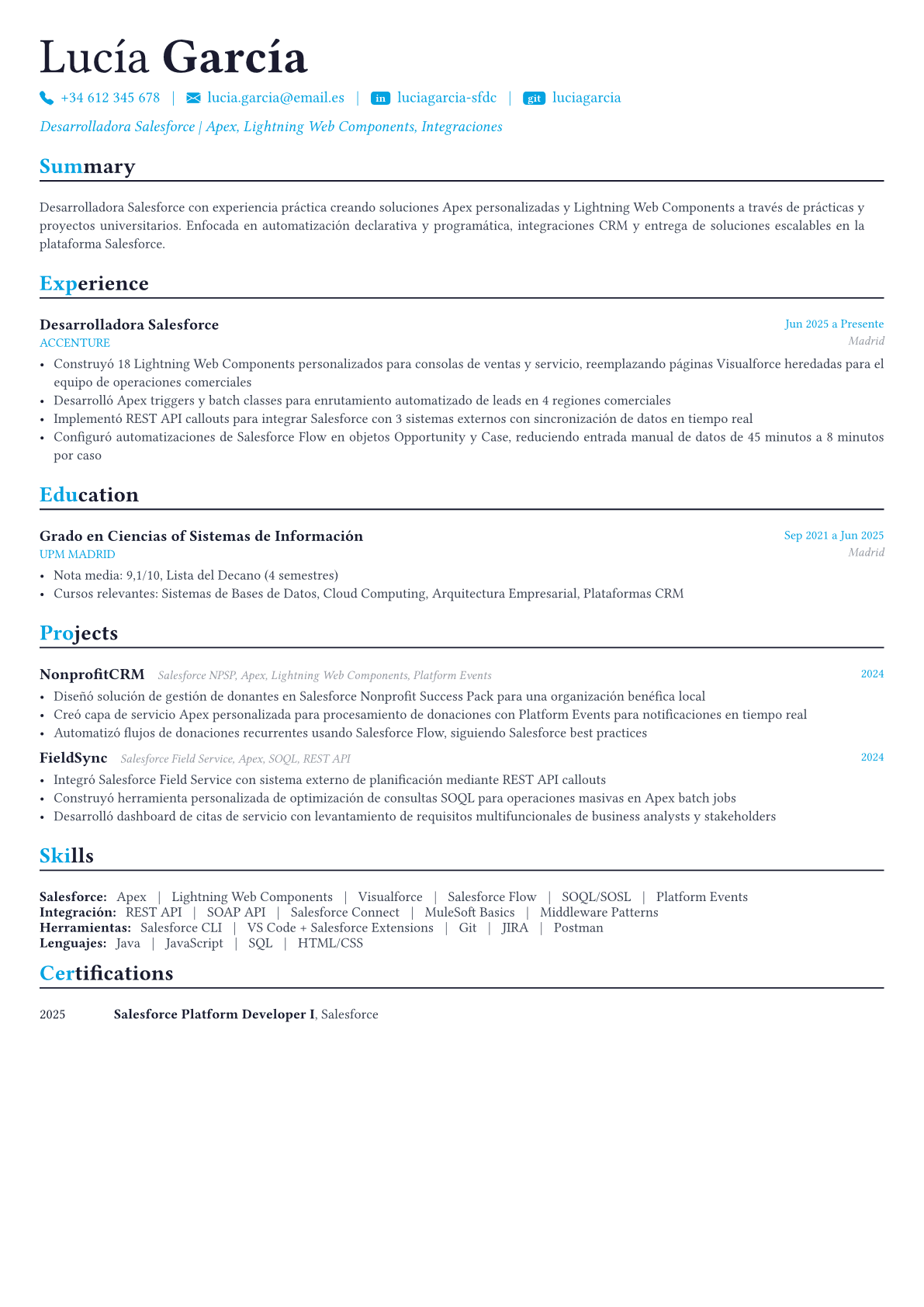 Salesforce Developer ejemplo de CV