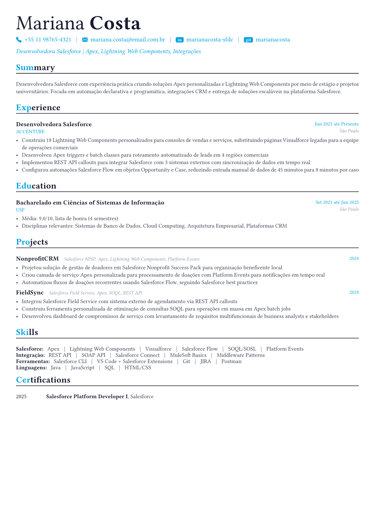 Salesforce Developer exemplo de currículo