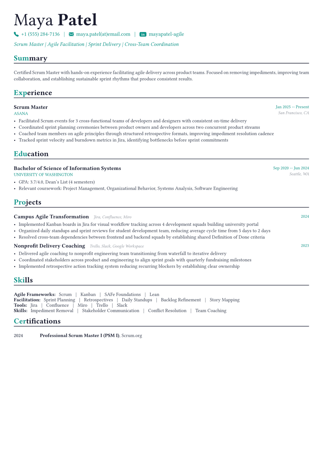 Scrum Master resume example