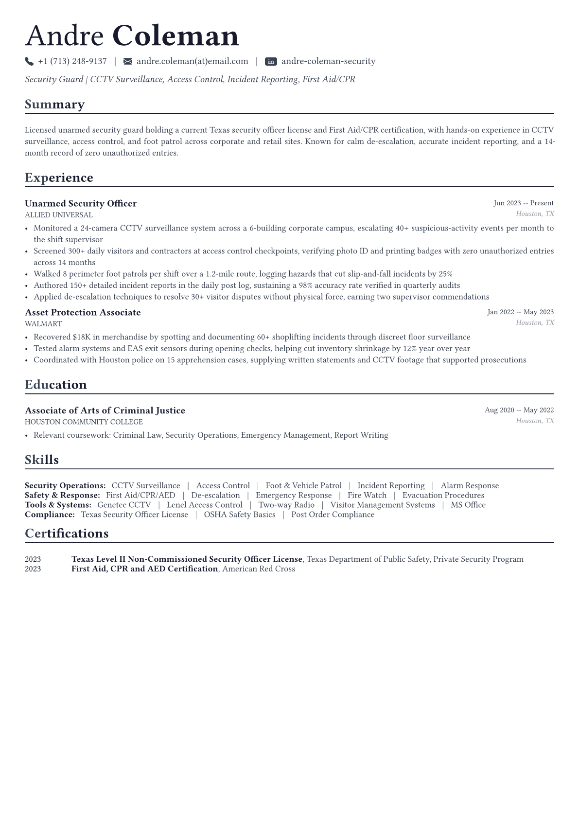 Security Guard resume example