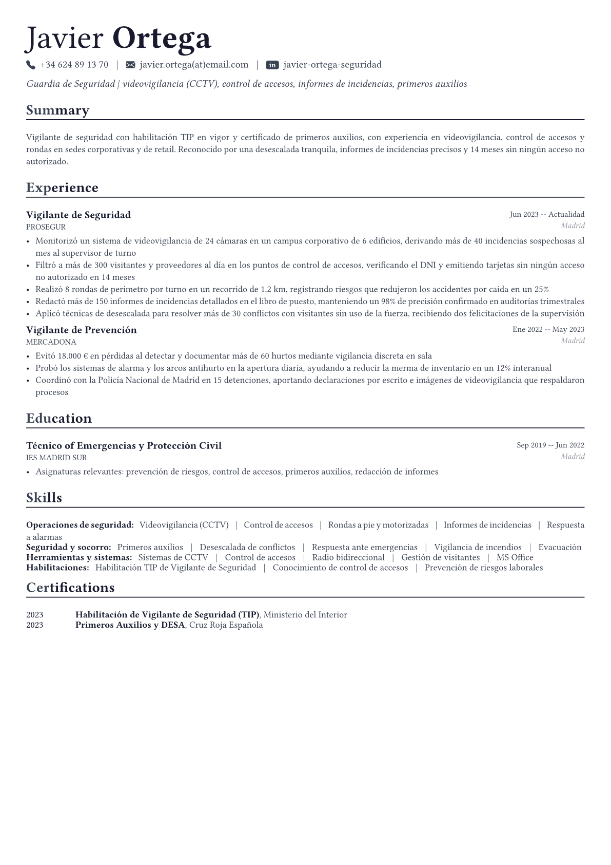 Guardia de Seguridad ejemplo de CV