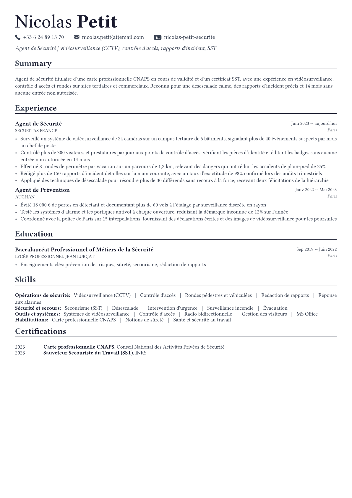 Agent de Sécurité exemple de CV
