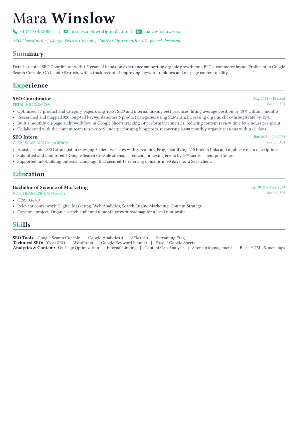 SEO Specialist resume example