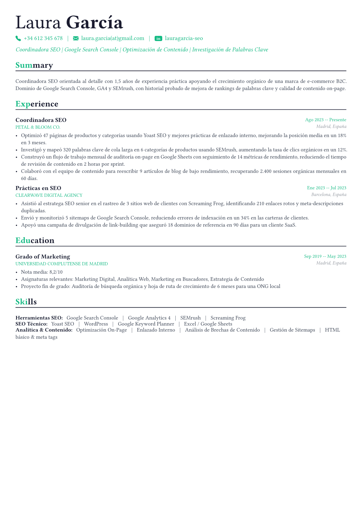 SEO Specialist ejemplo de CV