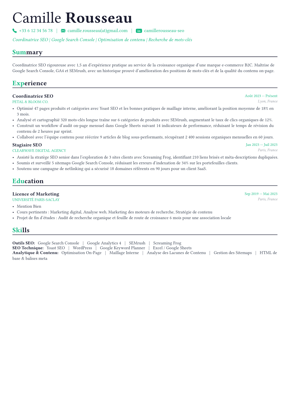 SEO Specialist exemple de CV