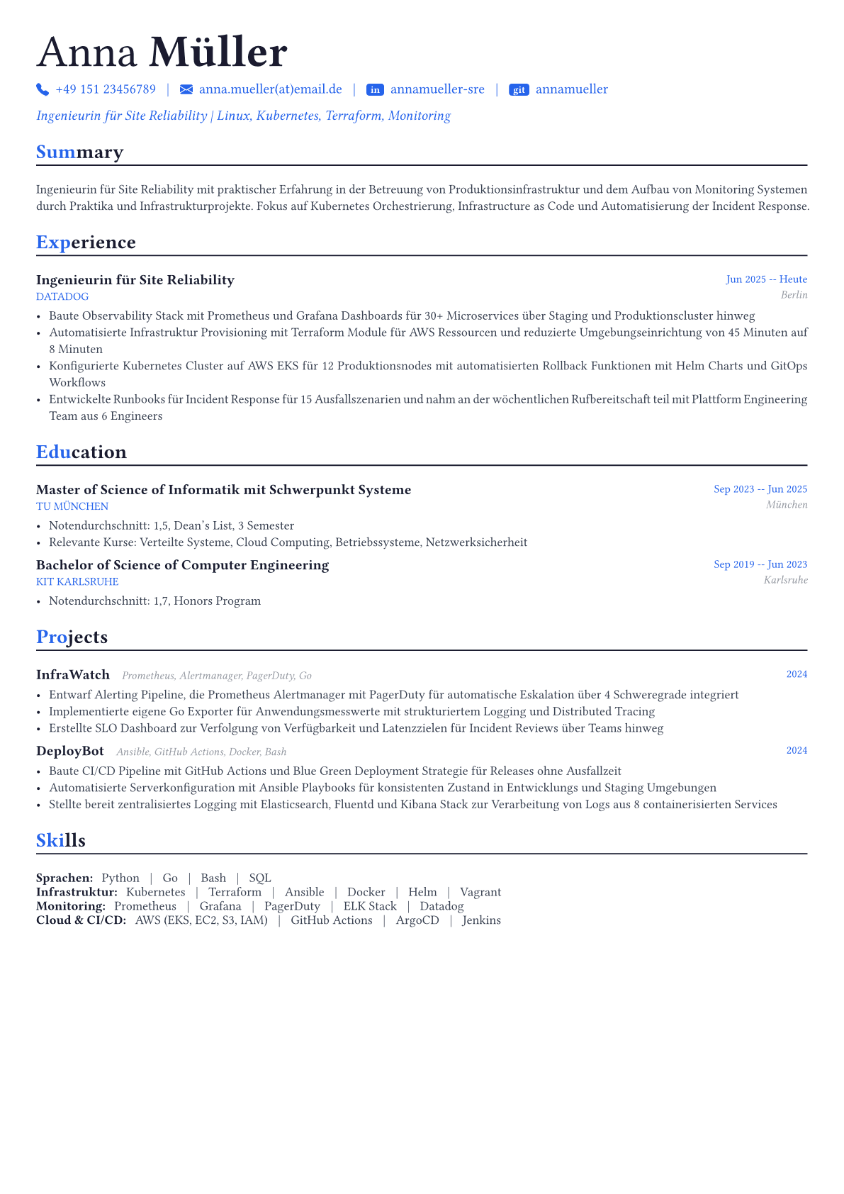 Site Reliability Engineer Lebenslauf-Beispiel