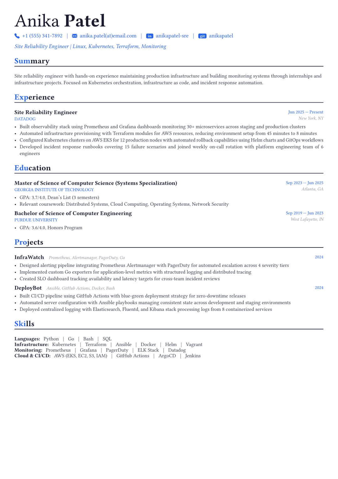 Site Reliability Engineer resume example