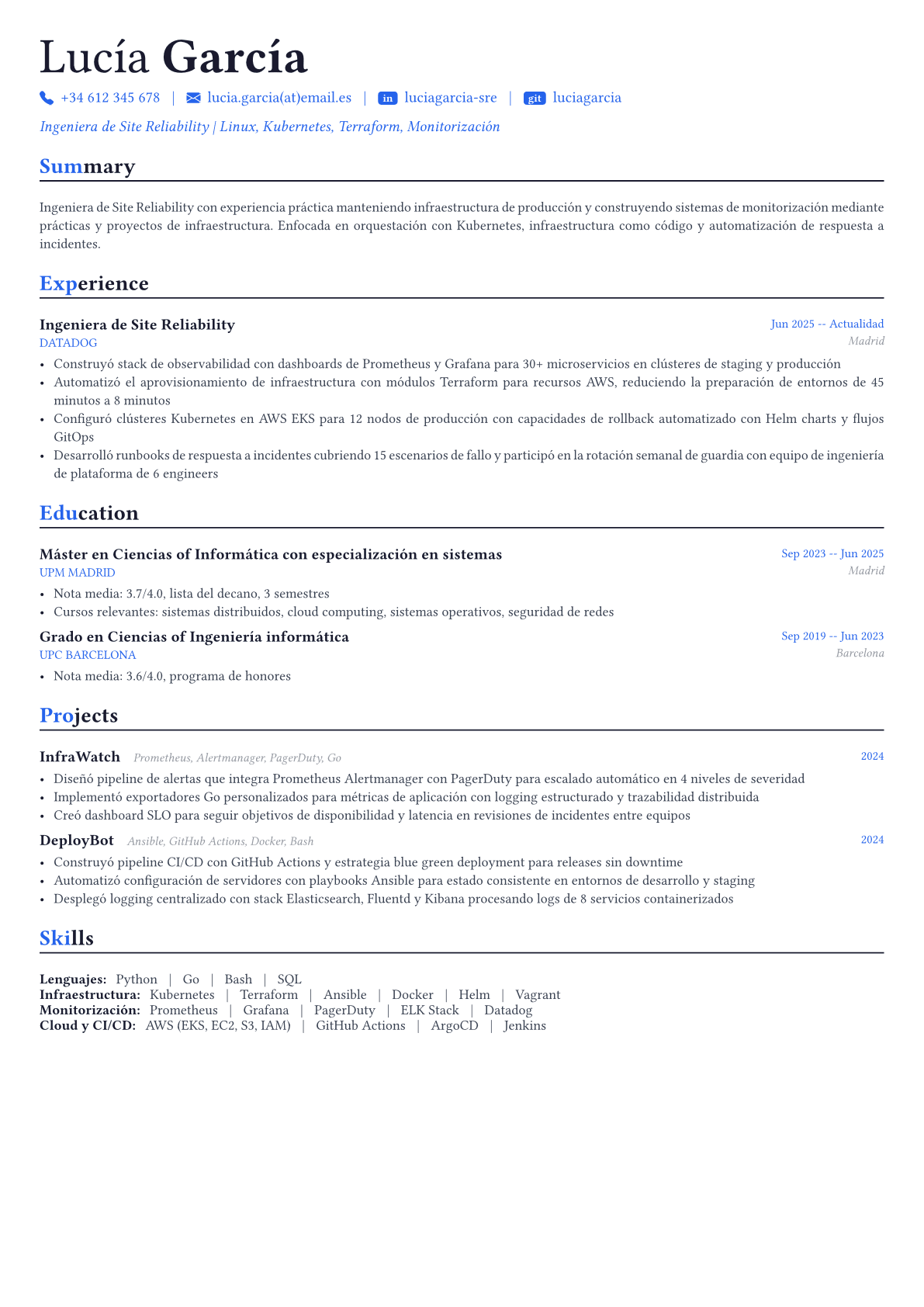 Site Reliability Engineer ejemplo de CV