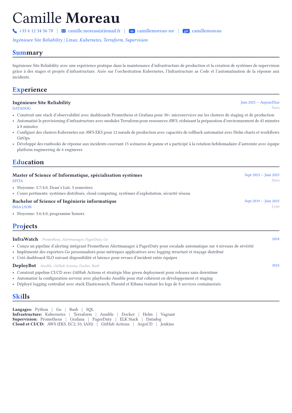 Site Reliability Engineer exemple de CV